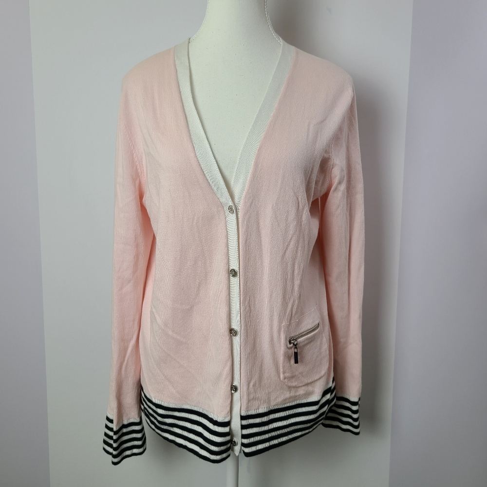 Jones New York pastel pink long sleeve button-down Knit cardigan, Sz L (PTP 19")